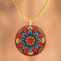 Resin pendant necklace, 'Splendid Mandala' - Colorful Resin Mandala Pendant Necklace with Sliding Knot