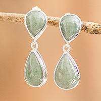 Jade dangle earrings, 'Joyous Drops' - Sterling Silver Dangle Earrings with Green Jade Stones