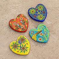 Ceramic magnets, 'Hearts' (set of 4) - 4 Heart-Shaped Ceramic Magnets with Hand-Painted Motifs