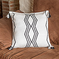 Rayon cushion cover, 'Grey Directions' - Handloomed Geometric Grey and Black Rayon Cushion Cover