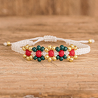 Macrame beaded wristband bracelet, 'The Sweet Wait' - Crystal and Glass Beaded Macrame Floral Wristband Bracelet