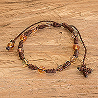 Beaded macrame bracelet, 'Franciscan Knots' - Franciscan Knot Unisex Macrame Beaded Bracelet in Brown