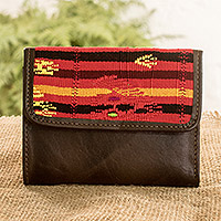 Leather and cotton wallet, 'Mayan Fire' - Leather Wallet Trimmed with Huipil Cotton from Guatemala