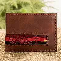 Men’s leather and cotton wallet, 'Mayan Culture' - Men's Leather Wallet with Mayan Huipil Upcycled Cotton Trim