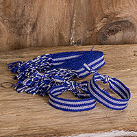 Handwoven friendship bracelets, 'Sapphire Fate' (set of 12) - Set of 12 Striped Friendship Bracelets in White and Sapphire
