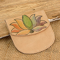 Leather coin purse, 'Rainbow Lotus' - Handcrafted Printed Lotus Leather Coin Purse from Costa Rica
