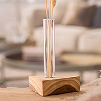 Teak and glass vase, 'Home Glamour' - Glass Tube Vase with Teak Wood Stand Made in Guatemala