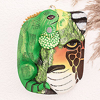 Wood mask, 'Boruca Fauna' - Costa Rican Traditional Balsa Wood Mask of Jaguar & Iguana