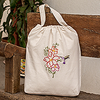 Embroidered cotton tote bag, 'Little Flier' - Embroidered Beige Cotton Tote Bag with Bird Motifs