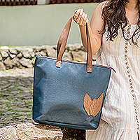Faux leather-accented shoulder bag, 'Autumnal Azure' - Leafy Faux Leather-Accented Shoulder Bag in an Azure Hue
