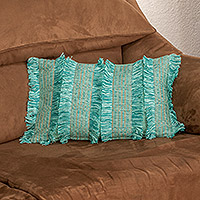Cotton cushion cover, 'Fringed Mint' - Handwoven Mint and Orange Fringed Cotton Cushion Cover