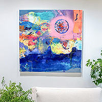 'Sowing Moon I' - Signed Abstract Acrylic and Oil Painting in Pink