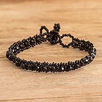 Glass and crystal beaded bracelet, 'Magical Whispers in Black' - Handcrafted Black Glass and Crystal Beaded Bracelet