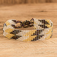 Glass beaded wristband bracelet, 'Sophisticated Lines' - Geometric Glass Beaded Wristband Bracelet from Guatemala