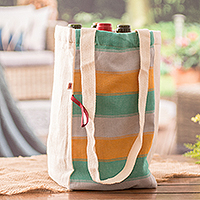 Foldable cotton wine bottle bag, 'Here's To Joy' - Striped Hand-Woven Foldable Cotton Wine Bottle Bag