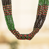 Multi-strand beaded necklace, 'Harmony in Green' - Multi-Strand Beaded Necklace in Green Red and Black