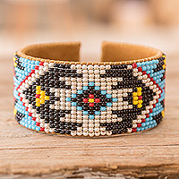 Leather-accented glass beaded cuff bracelet, 'Heaven's Union' - Traditional Blue and Black Glass Beaded Cuff Bracelet