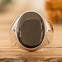 Men's jade domed ring, 'Gallantry and Balance' - Men's Sterling Silver Domed Ring with Dark Green Jade Jewel