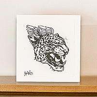 'Jaguar' - Handcrafted Expressionist Woodcut Print of a Winged Wild Cat