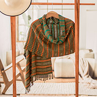 Cotton shawl, 'Viridian Sunday' - Geometric Viridian and Honey Cotton Shawl from Guatemala