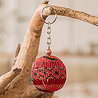 Beaded keychain and bag charm, 'Red Sphere' - Handmade Beaded Keychain and Bag Charm in Red and Black