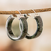 Jade hoop earrings, 'Nature Connection' - Dark Green Jade Hoop Earrings with Sterling Silver Clasps