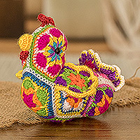 Crocheted cotton decorative accent, 'Rainbow Hen' - Colorful Hen-Shaped Crocheted Cotton Decorative Accent