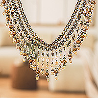 Beaded waterfall necklace, 'Symphony of Color in Sepia' - Bronze and Metallic Beaded Waterfall Necklace from Guatemala