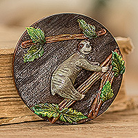 Wood and cold porcelain magnet, 'The Tropical Sloth' - Handcrafted Painted Pinewood and Cold Porcelain Sloth Magnet