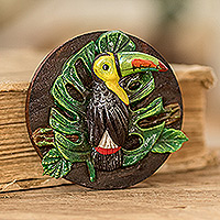 Wood and cold porcelain magnet, 'The Tropical Toucan' - Handmade Painted Pinewood and Cold Porcelain Toucan Magnet