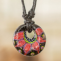 Ceramic pendant necklace, 'Night's Red Grace' - Floral Adjustable Painted Ceramic Pendant Necklace in Red