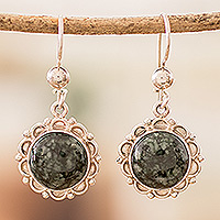 Jade dangle earrings, 'Wild Flower' - Sterling Silver Dangle Earrings with Dark Green Jade Stones