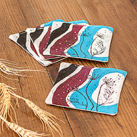 Cotton coasters, 'Dandelions' - Set of 4 Hand-Painted Cotton Coasters with Dandelion Motif