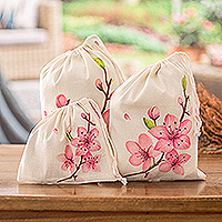 Cotton pouches, 'Cherry Blossoms' (set of 3) - 3 Cotton Pouches with Cherry Blossom Motifs from El Salvador