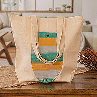 Foldable cotton tote bag, 'Jade' - Guatemalan Hand-Woven Foldable Cotton Tote Bag with Stripes