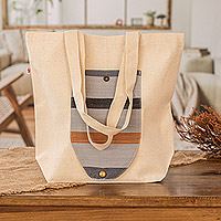 Foldable cotton tote bag, 'Earthy' - Striped Foldable Cotton Tote Bag with Bronze Button Closure