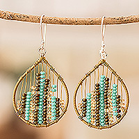 Glass beaded dangle earrings, 'Aqua Contrasts' - Glass Beaded Dangle Earrings in Aqua and Golden