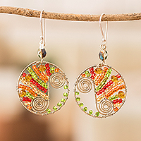 Crystal and glass beaded dangle earrings, 'Autumn Snail' - Orange and Green Crystal and Glass Beaded Dangle Earrings
