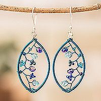 Crystal and glass beaded dangle earrings, 'Blue Crystal Web' - Blue Crystal and Glass Beaded Dangle Earrings with Hooks