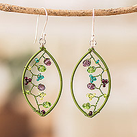 Crystal and glass beaded dangle earrings, 'Eden's Crystal Web' - Green and Purple Crystal and Glass Beaded Dangle Earrings