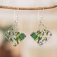 Crystal and glass beaded dangle earrings, 'Harmonious Green Constellation' - Geometric Green Crystal and Glass Beaded Dangle Earrings