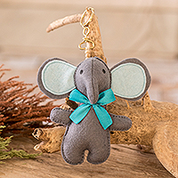 Fleece keychain, 'Petite Elephant' - Handcrafted Fleece Elephant Keychain with Brass Ring