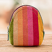 Hand-woven cotton keychain coin purse, 'Tropical Beauty' - Hand-Woven Cotton Keychain Coin Purse with Colorful Stripes