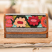 Leather-accented embroidered cotton wallet, 'Floral Dreams in Grey' - Woven Cotton Wallet with Floral Embroidery and Leather Trim