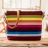 Leather-accent cotton shoulder bag, 'Silhouettes of Color' - Handwoven Striped Cotton Shoulder Bag with Leather Straps