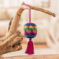 Cotton ornament, 'Oneiric Fun' - Traditional Knit Cotton Hacky Sack Ornament in Vibrant Hues