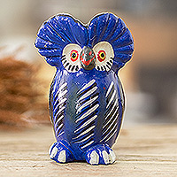Ceramic figurine, 'Delightful Tecolote' - Ceramic Owl Figurine in Blue Hand-Painted in Guatemala