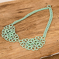 Hand-tatted collar necklace, 'Mint Elegance' - Hand-Tatted Mint Collar Necklace with Sterling Silver Clasp
