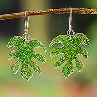 Recycled CD dangle earrings, 'Sylvan Monstera' - Handmade Recycled CD Leaf Dangle Earrings in Shiny Green Hue