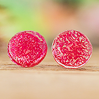 Recycled CD stud earrings, 'Fuchsia Translucent Illusion' - Handmade Fuchsia Recycled CD Stud Earrings with Silver Posts